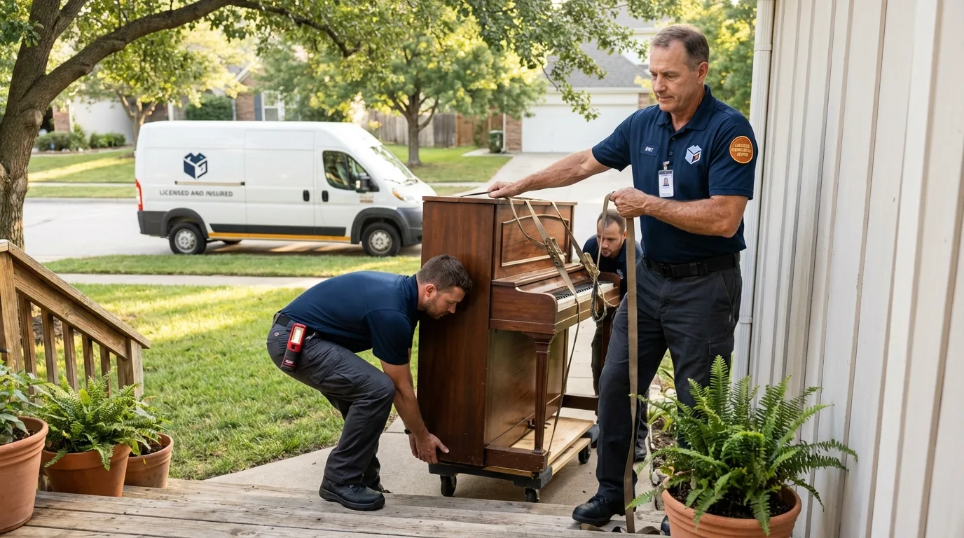 Licensed piano movers securing grand piano in Greenville, GA