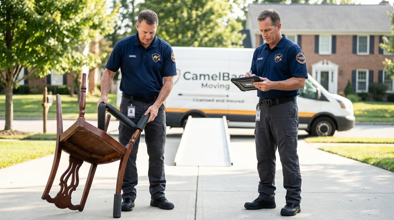 Movers inspecting furniture for damage prevention before loading in Greenville, GA