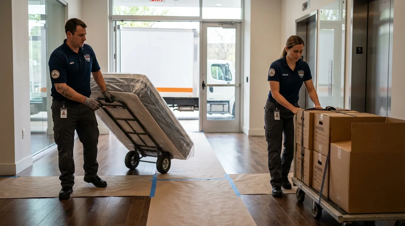 Professional apartment movers loading elevator in Greenville, GA